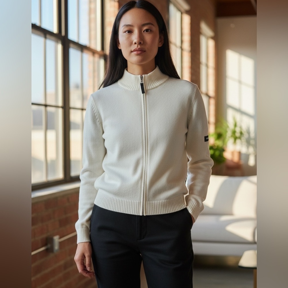 Olsen - Elegant Women's White Zip-Up Cardigan - Casual, Layering - Size 8